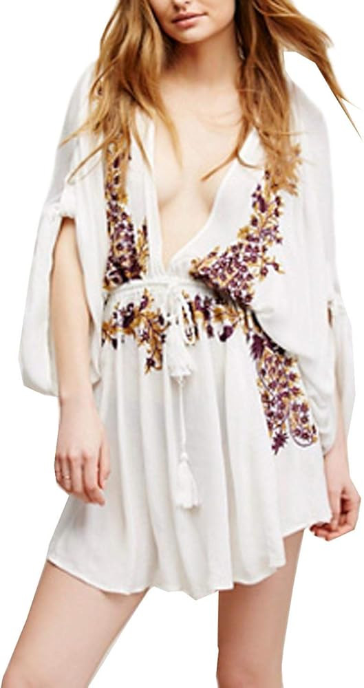 R.Vivimos Women's Summer Batwing Sleeves Vintage Floral Embroidered Deep V Neck Cotton Boho Swing... | Amazon (US)