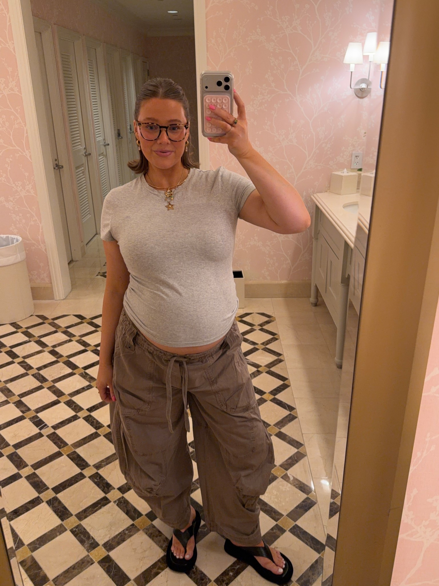 Size L in Abercrombie tee I love the stretch and length of this one it’s so soft and cozy. Sized up one for pregnancy. Free people pants size L the BEST fit super stretchy and comfortable I love the slouchy cargo look. Drawstring waist. 

#pregnant #abercrombie #pregnancystyle #freepeople 

 #ltkbump