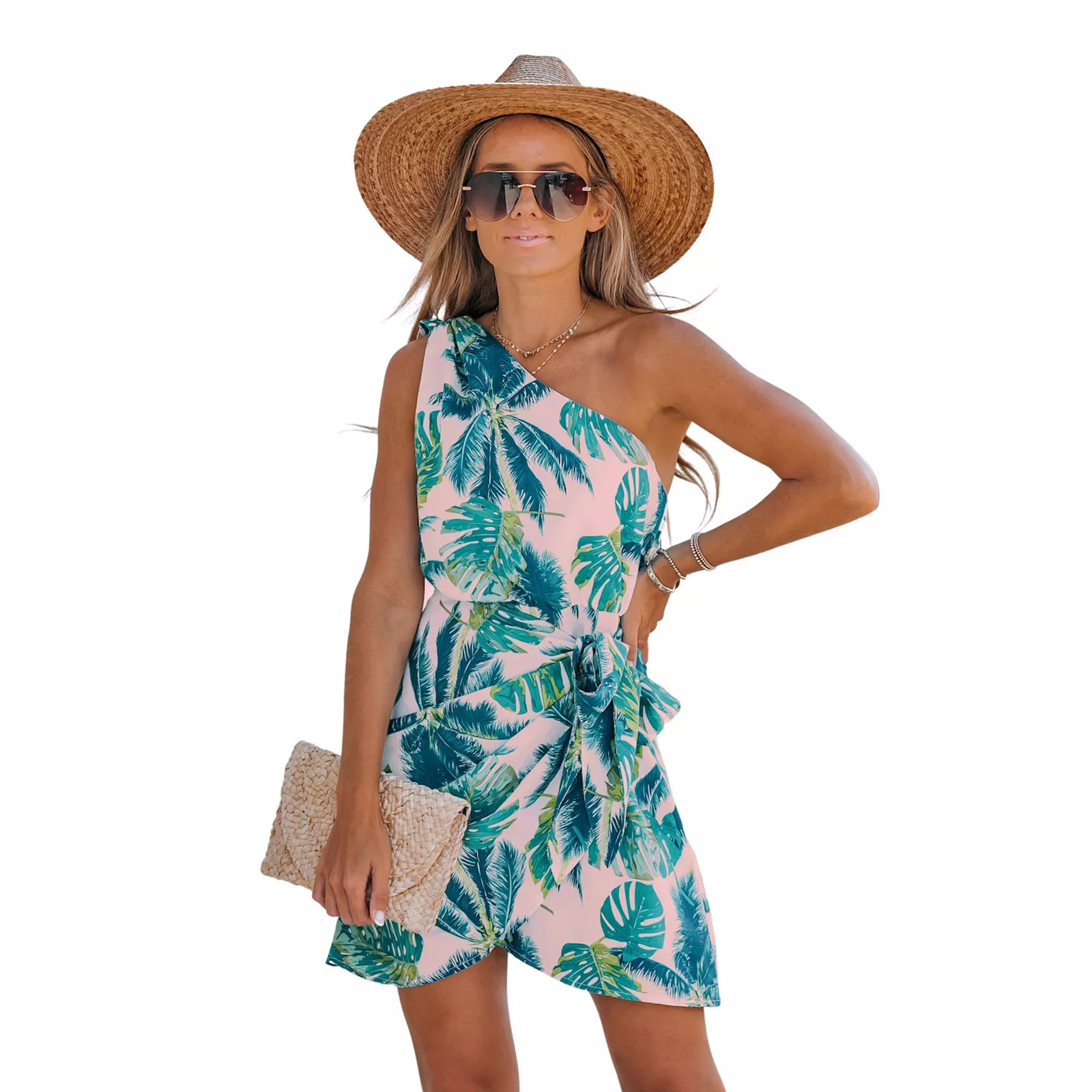 Women's Cupshe Tropical Leaf Print One-Shoulder Mini Dress, Size: XL, Green | Kohl's