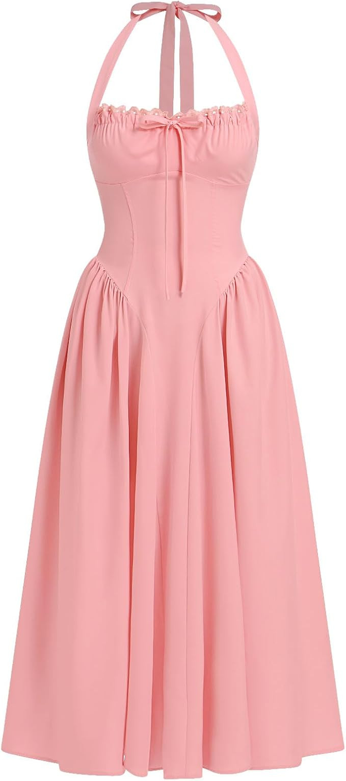 Women Floral Corset Dress Summer Dresses Boho Flowy Adjustable Halter Neck Lace Up Midi Dresses A... | Amazon (US)