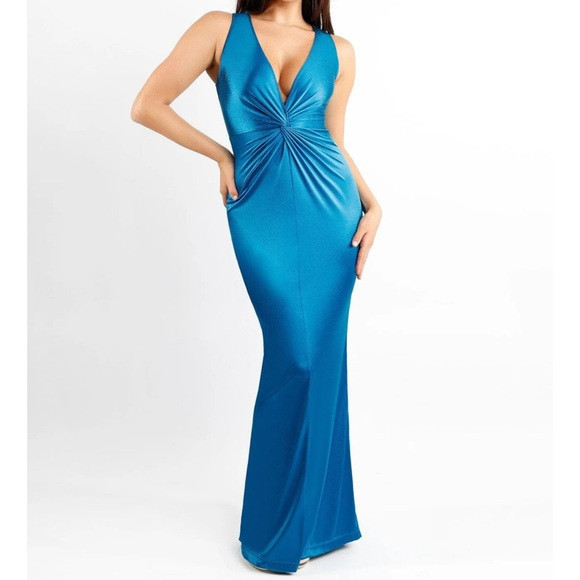 Popilush The Shapewear Dress Deep V-Neck Twisted Shine Maxi, Blue, Size S | Poshmark