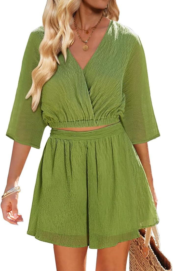 Vetinee 2 Piece Outfits for Women Summer Textured Crop Tops and Elastic Wasit Flowy Shorts Skort ... | Amazon (US)