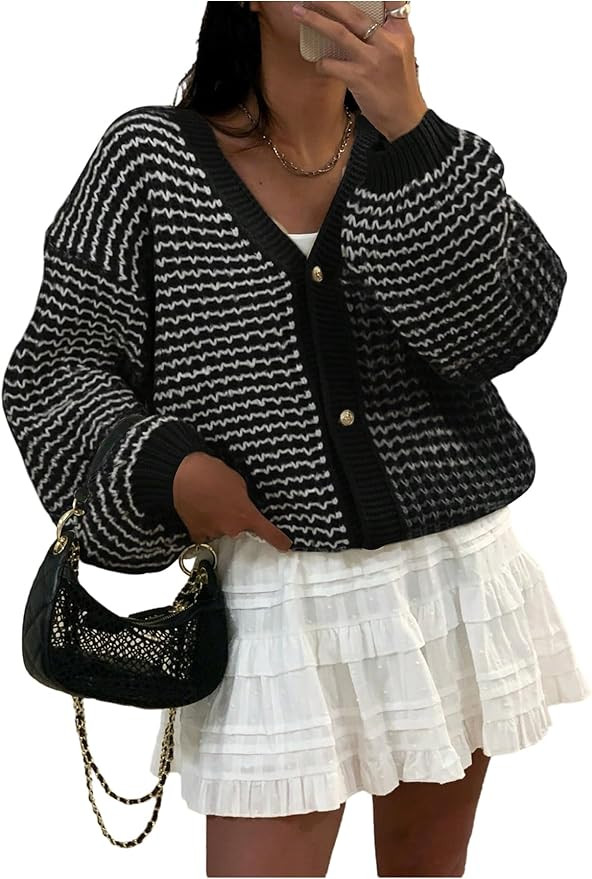 Verdusa Women's Striped Button Up Cardigan Sweaters Elegant Drop Shoulder Knit Top Outerwear | Amazon (US)