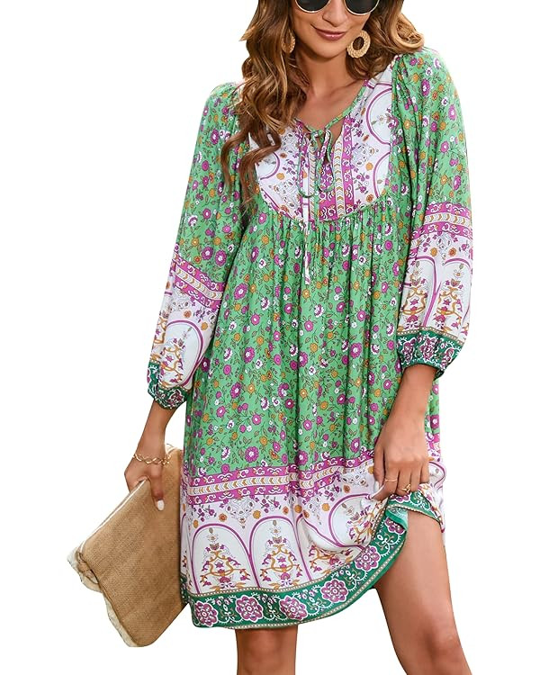 Bluetime Women Casual Summer Dress Boho V Neck 3/4 Sleeve Short Babydoll Floral Print Flowy Beach... | Amazon (US)