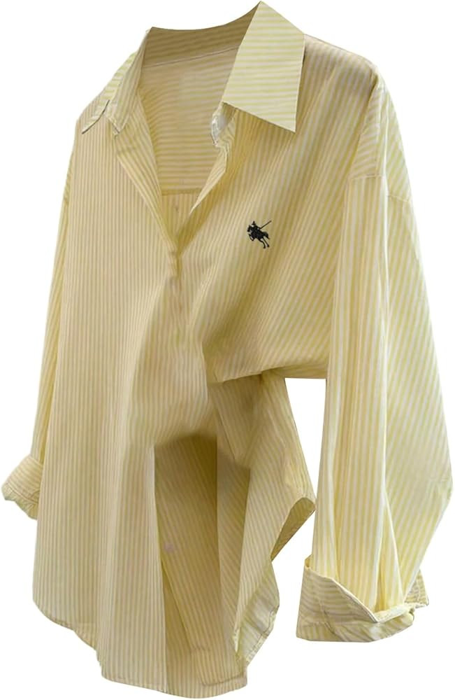 SOLY HUX Women's Striped Shirt Button Down Long Sleeve Collared Oversized Casual Blouse Tops | Amazon (US)