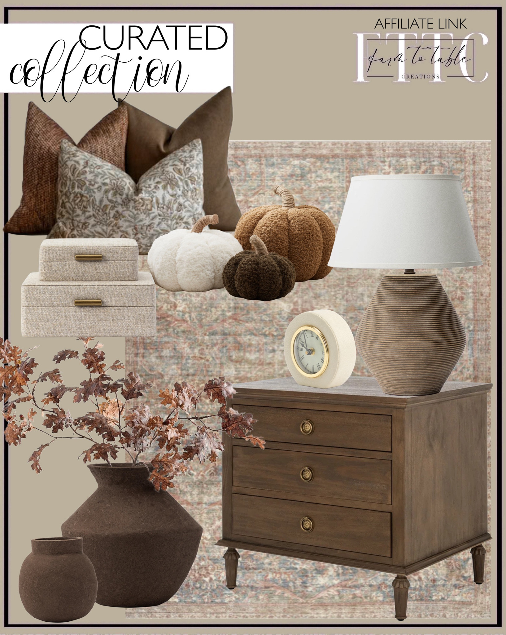 Curated Collection. Follow @farmtotablecreations on Instagram for more inspiration.

Hubbard Nightstand. Becki Owens x Livabliss Marlene Burgundy/Olive Vintage Area Rug. Indian Summer Pillow Cover Set. Rustco Table Lamp. Natural Fabric Boxes. Shagreen Table Clock. Frederick Paper Mache Vase. Faux Oak Branch With Acorns. Cozy Pumpkin Pillow. McGee & Co. 

Cozy Living Room. Console Table. Framed Art. Fall Decor. Fall Stems. Curated Bedroom Finds. Bedroom Decor. Living Room Decor. Fall Decor. Fall Pillows. Fall Pumpkin Pillows. 

#LTKSaleAlert #LTKHome #LTKFindsUnder50