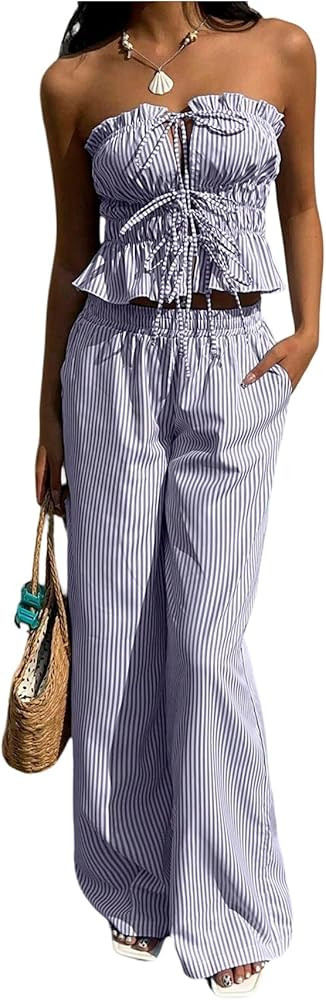 WDIRARA Women's Striped 2 Piece Pants Set Strapless Tie Bandeau Wide Leg Pants Outfits | Amazon (US)