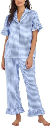 Flygo Womens Plaid Pajamas Sets 2 Piece Cotton Pj Set Ruffled Sleeve Button Down Shirt Gingham Pa... | Amazon (US)
