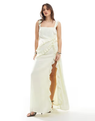 The Frolic exclusive ruffle drape detail square neck thigh split maxi dress in buttermilk yellow | ASOS (Global)