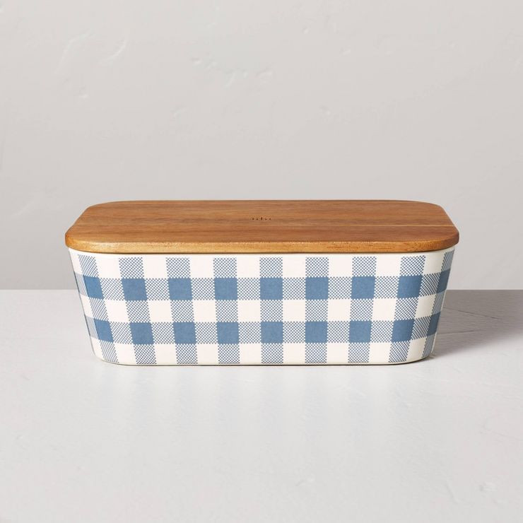 45oz Gingham Bamboo-Melamine Bento Food Storage Box with Wood Lid Blue/Cream - Hearth & Hand™ w... | Target