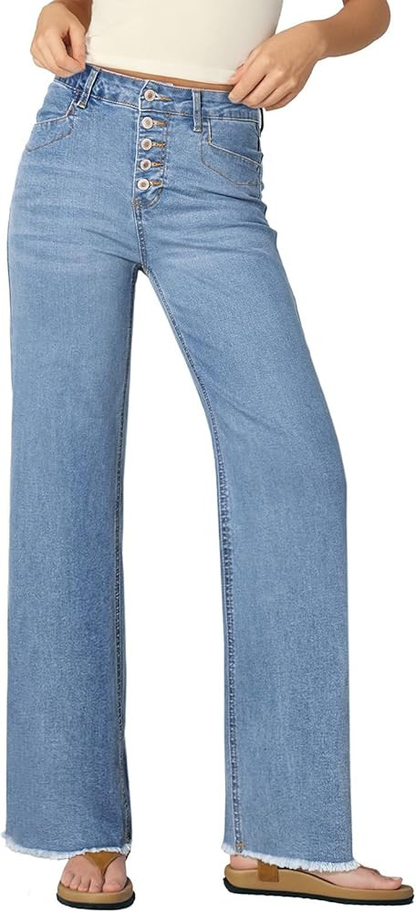 Sidefeel Women Jeans High Waisted Straight Leg Stretchy Trendy Button Fly Raw Hem Wide Leg Denim ... | Amazon (US)