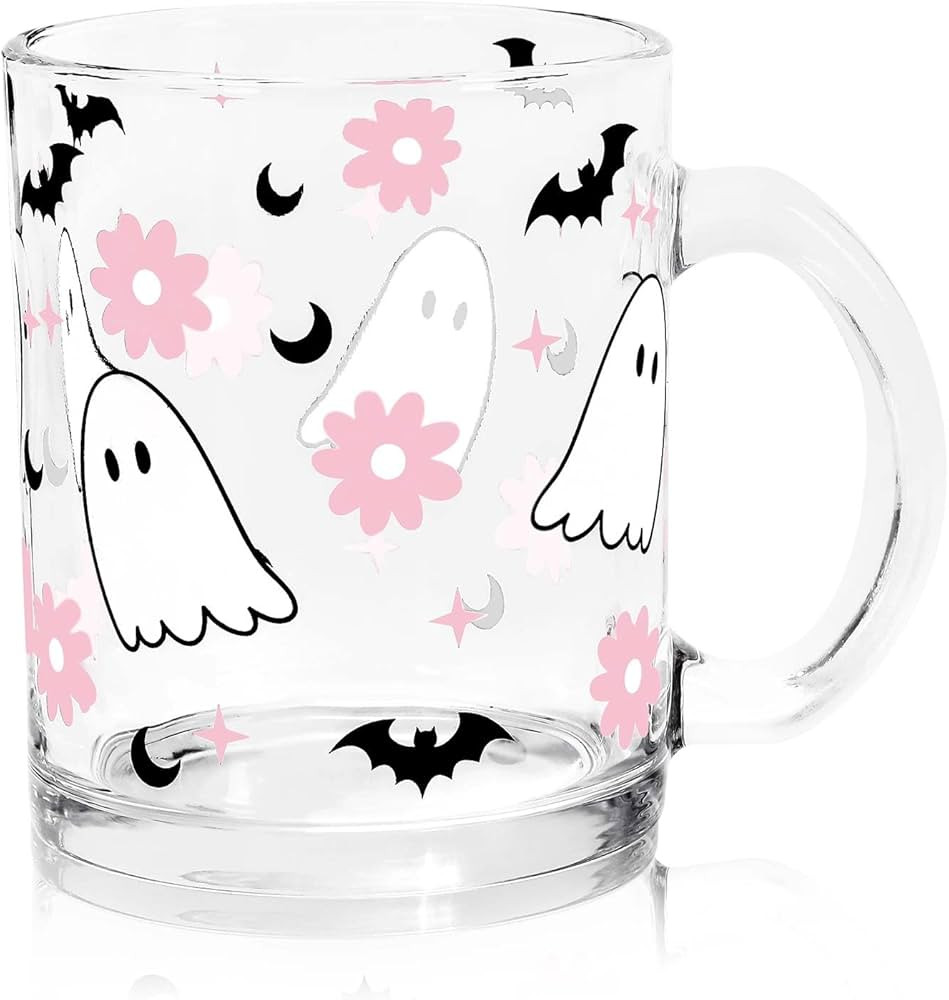 Whaline Halloween Glass Coffee Mugs with Handle Pink White Ghost Flower Bat Coffee Cups Halloween... | Amazon (US)