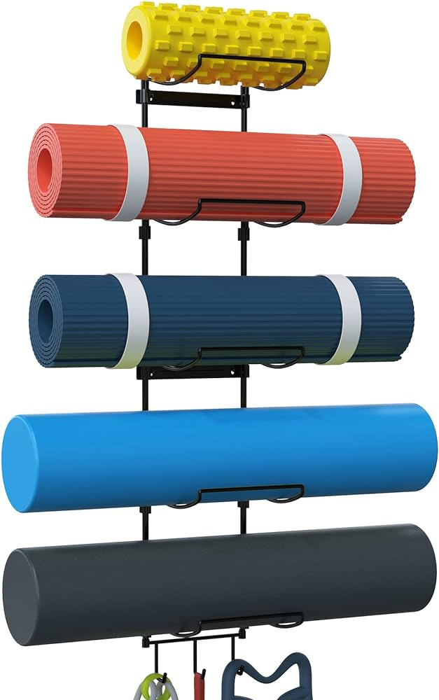 Yoga Mat Holder Wall Mount, Wall Rack Organizer, Storage Foam Roller and Block, with 5 Sectional ... | Amazon (US)