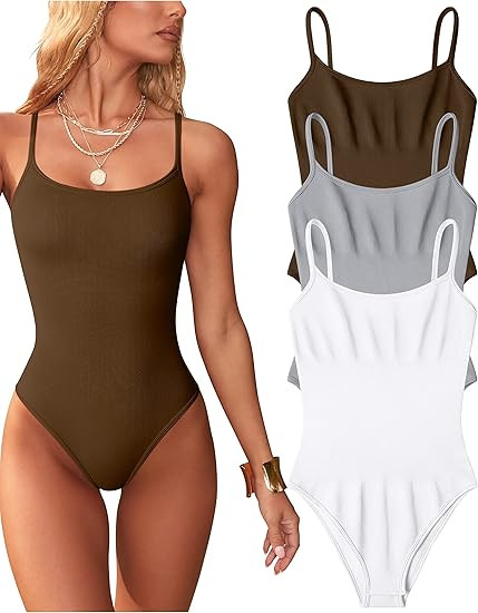 OQQ Women's 3 Piece Bodysuits Sexy Ribbed Sleeveless Adjustable Spaghetti Strip Tops Shapewear Bo... | Amazon (US)