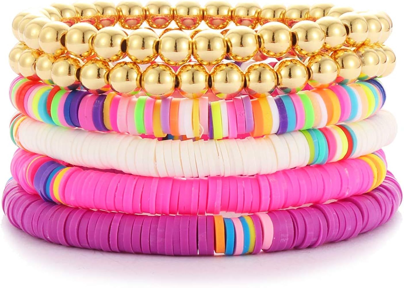 Colorful Beaded Bracelet for Women Men Heishi Surfer Bracelet Gold Copper Beads Stretch Bracelet ... | Amazon (US)