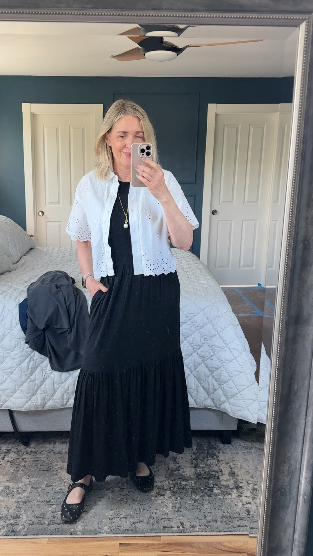 Business casual outfit. Teacher outfit. Summer workwear. Saint and Sofia maxi dress (has pockets!) size 2. Free Assembly eyelet  blouse size small. 

Summer outfits, fashion over 40, style over 50, black and white outfits, affordable outfits, maxi dresses

#LTKxWalmart #LTKgrwm #LTKOver40
