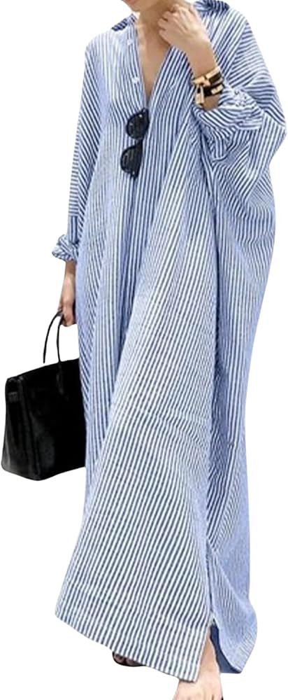 LIZALIG Women's Flowy Striped Maxi Dress - Long Sleeve Cotton Button Up Loose Kimono Beach Cover ... | Amazon (US)