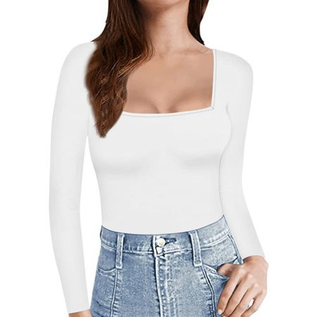Shirts for Women Slim Fit Womens Undershirt Long Sleeve Square Neck Long Sleeve Shirt White Size S | Walmart (US)