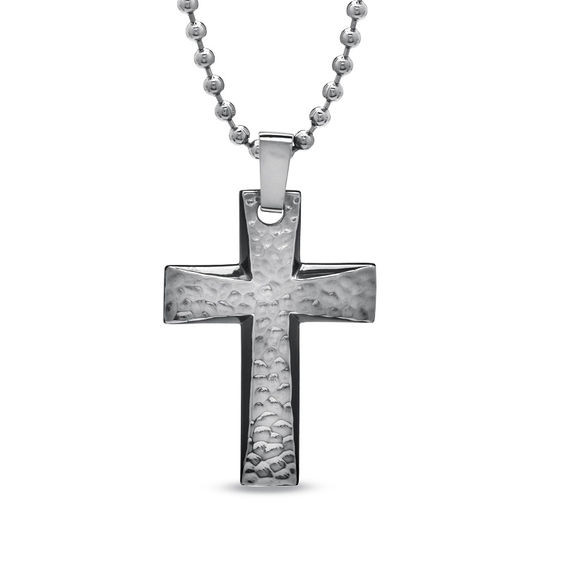 Men's Hammered Cross Pendant in Black IP Stainless Steel - 22"|Zales | Zales