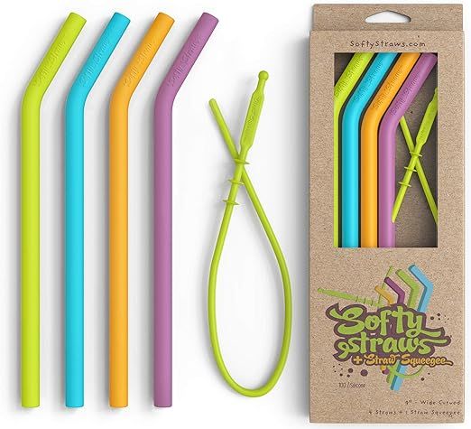 Softy Straws Premium Reusable Silicone Drinking Straws + Patented Straw Squeegee - 9” Long With... | Amazon (US)