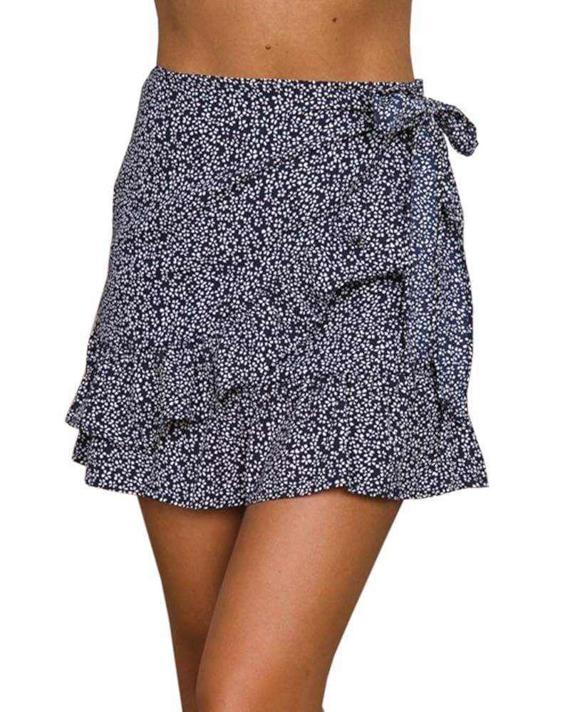 Jeanewpole1 Womens Floral A Line Mini Skirts Wrap Pleated Ruffle Hem Cute Beach Short Skirts | Amazon (US)