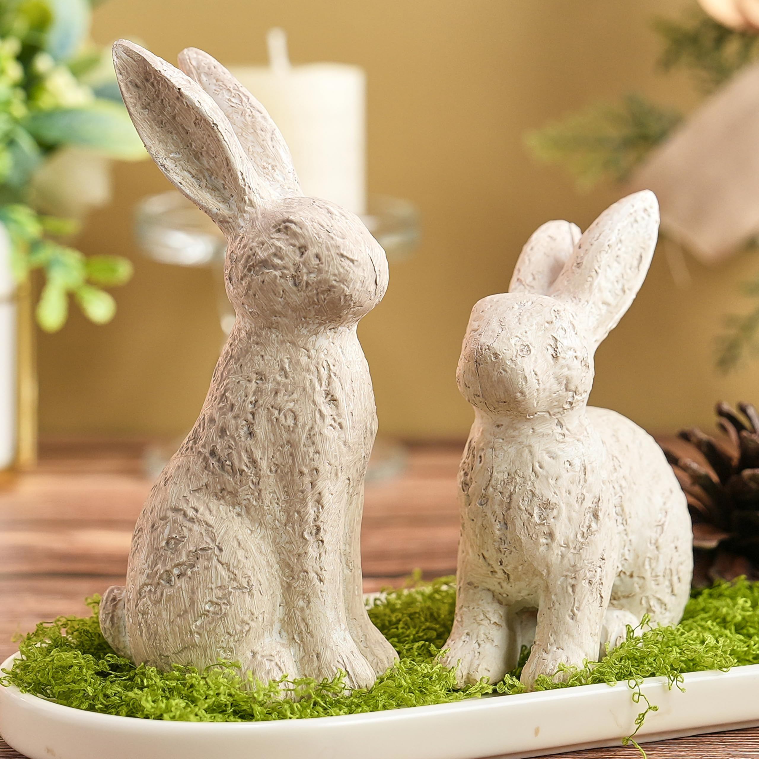 Beige Easter Bunny Decor, Bunny Figurines Set of 2, Resin Rabbit Decor with Stone-Look Finish, Vi... | Amazon (US)