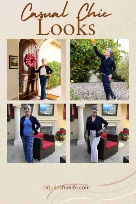 Do you love casual chic outfits that feel comfortable and effortless to wear? Here are 4 looks for you to check out.
Which look is your favorite?
1. The navy jacket, tee, trouser jeans, pink scarf, and loafers.
2. The navy jacket, navy cargoes, sneakers, and wavy print top?
3. The pretty palm print palazzo pants, the light blue ribbed sweater, and the navy Ponte jacket?
4. The navy jacket, navy tee, striped linen pant, nude sandal, and silver jewelry! 


#styleagram 
#stylebook
#stylebible
#stylefashion
#outfitshot
#styleaddict

#nordstrom
#macysstylecrew
#talbotsofficial 
#jjillstyle
#getreadywithme 
#styletips
#grwm
#styleblogger
#springfashion
#casualandchic 
#ltkover40
#ltkover50
#ltkspring
#ltkshoecrush
#ltkitbag
#nudeshoes

#LTKfindsunder50 #LTKtravel #LTKSeasonal