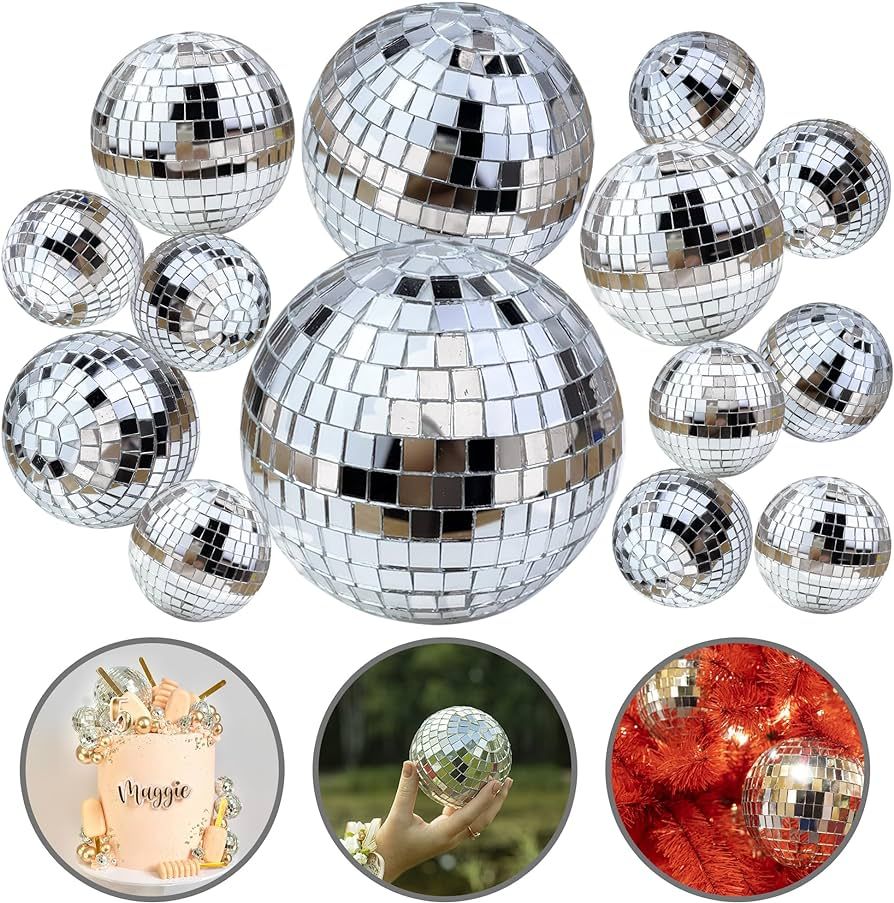 14 PCS 1.18inch 1.57inch 2.36inch 2.76inch Disco Ball Cake Decoration Ornaments Reflective Mirror... | Amazon (US)