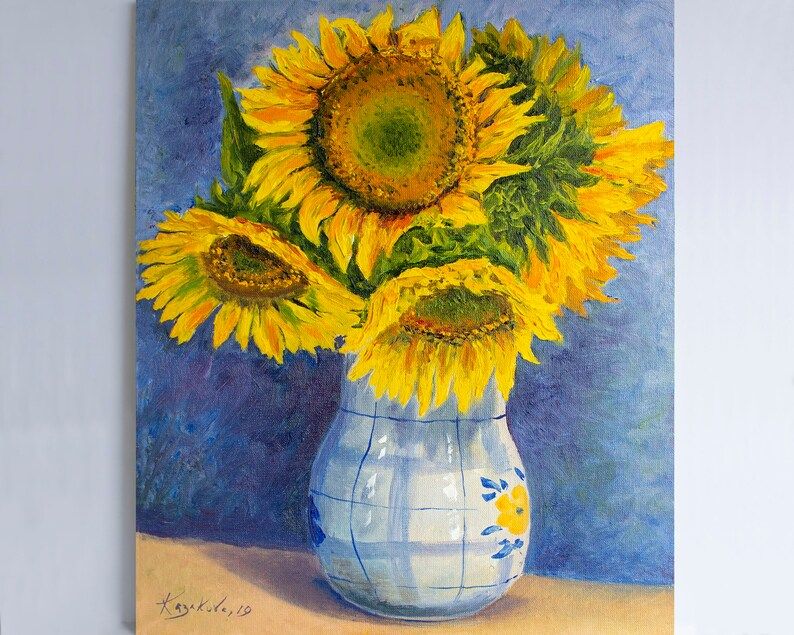 Sunflowers oil painting Bright bouquet yellow flowers in vase | Etsy (US)