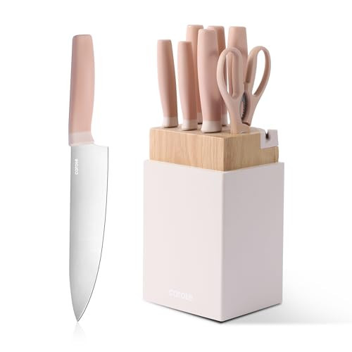 CAROTE Kitchen Block Knife Set with Sharpener, Dishwasher Safe Block Knife Set 9Pcs, Forged Cutlery with Razor-Sharp Stainless Steel Blades, Pink | Amazon (US)