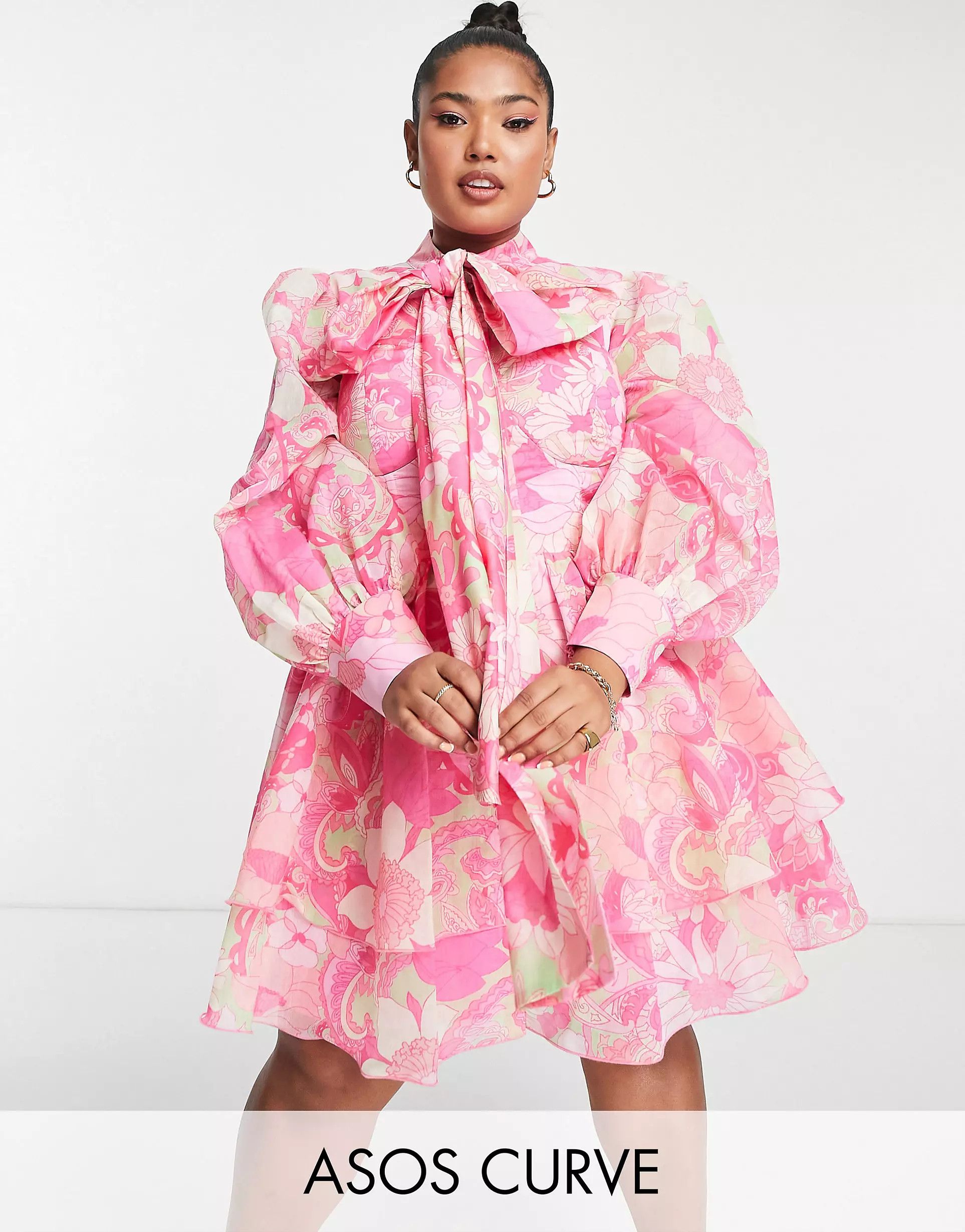 ASOS LUXE Curve chiffon mini swing dress with pussybow in pink floral | ASOS (Global)
