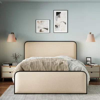 Modern King Bed, Metal, Beige Upholstered Headboard And , Ample Under Bed Storage With Curved Metal Frame, Beige, Area | Wayfair North America