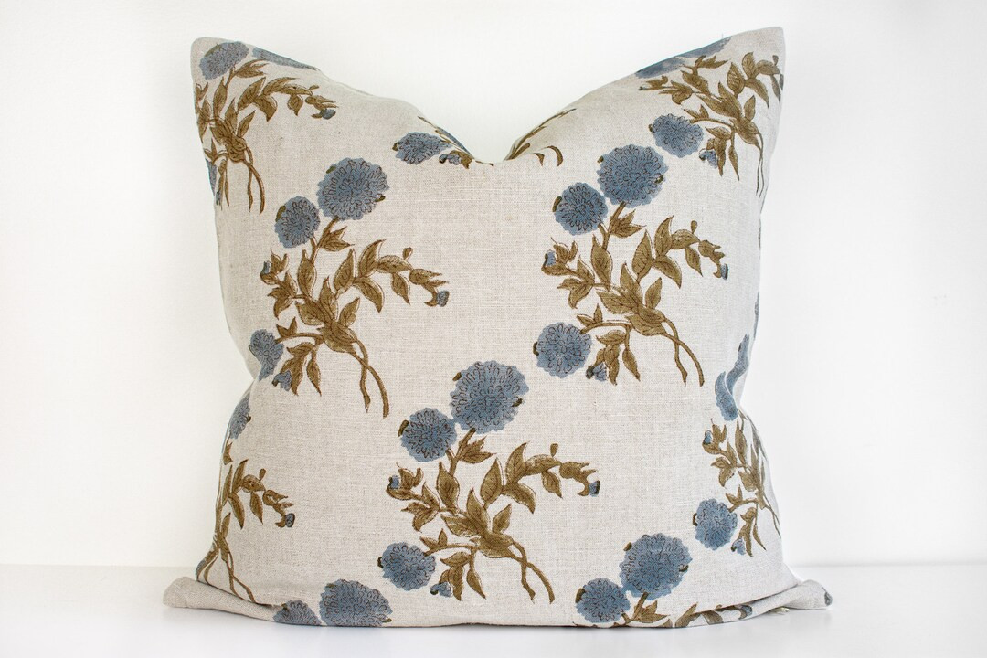 PRE-ORDER** Indian Block Print Pillow Cover - Natural, Slate Blue, Olive Brown Floral | Etsy (US)