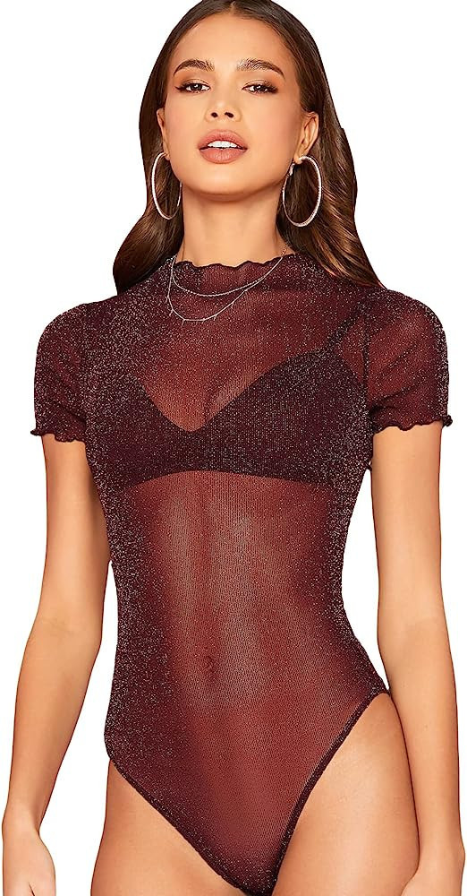 OYOANGLE Women's Glitter Sheer Mesh Short Sleeve Mock Neck Clubwear Party Bodysuit Top | Amazon (US)