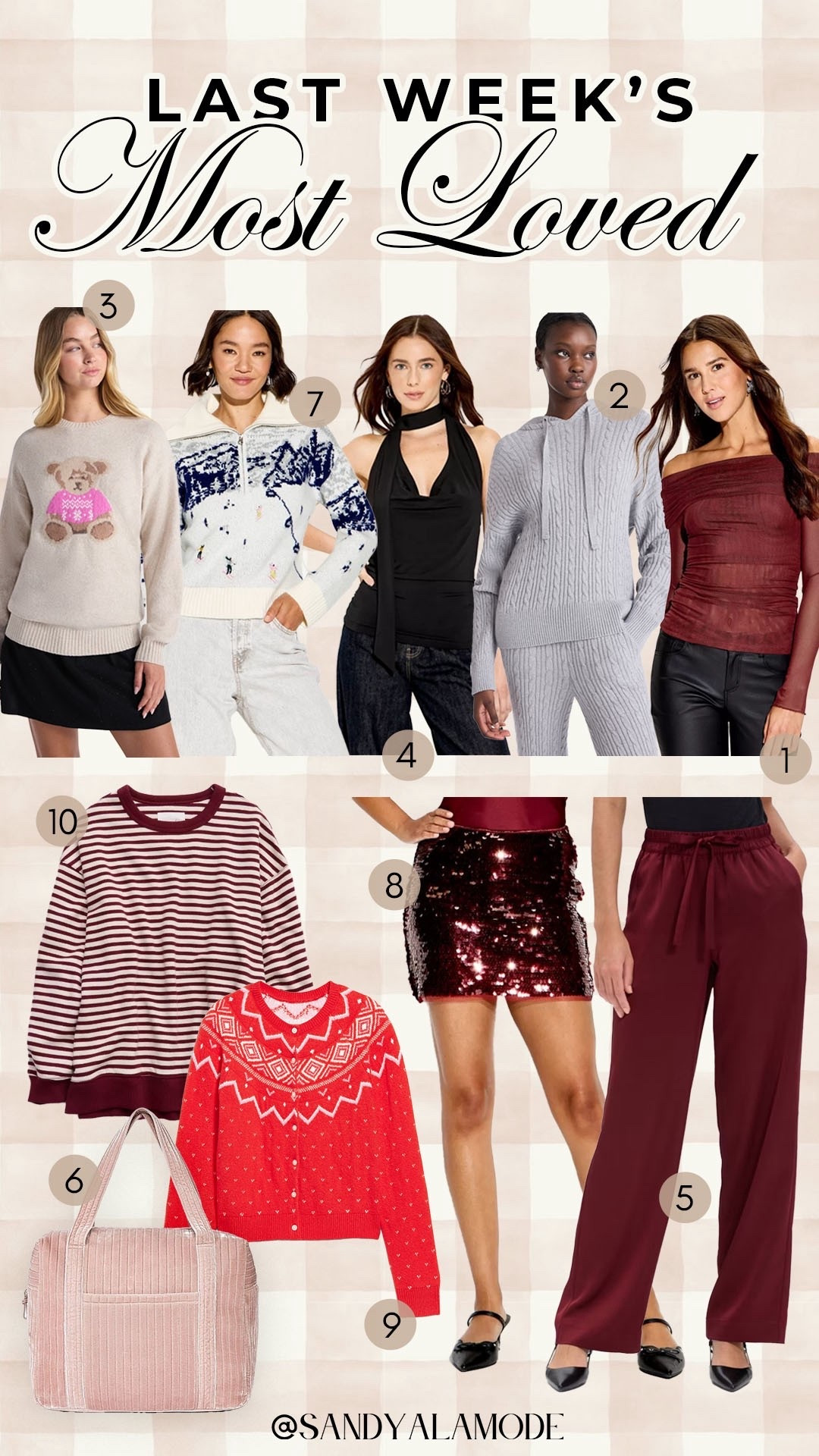 Last week’s best sellers. Weekly best sellers. Target finds. Target fashion. Target cozy sweater. Target holiday top. Walmart fashion. Walmart bear sweater. Target sequin skirt. Striped oversized sweatshirt. Red fair isle cardigan. 

#LTKHoliday #LTKSeasonal #LTKFindsUnder100