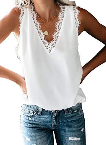 BLENCOT Women Lace Trim Tank Tops V Neck Fashion Casual Sleeveless Blouse Vest Shirts | Amazon (US)