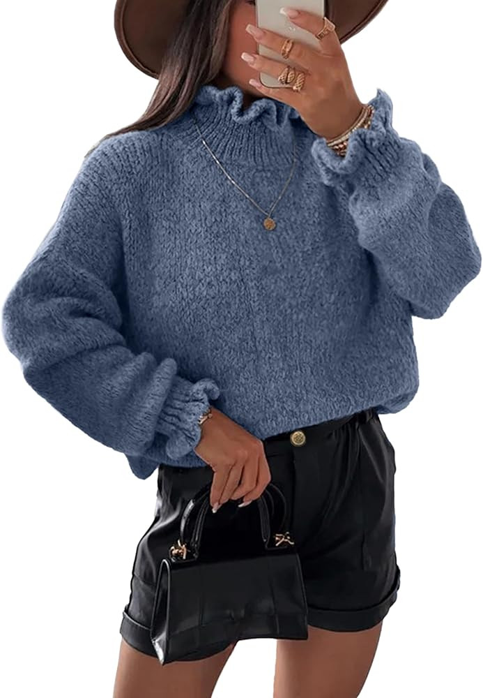 Simplee Womens Oversized Long Sleeve Fall Sweaters Ruffle Turtleneck Chunky Knit Sweater Casual W... | Amazon (US)