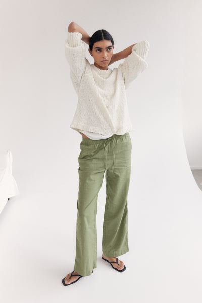 Linen-blend Pants - Regular waist - Long - Black - Ladies | H&M US | H&M (US + CA)