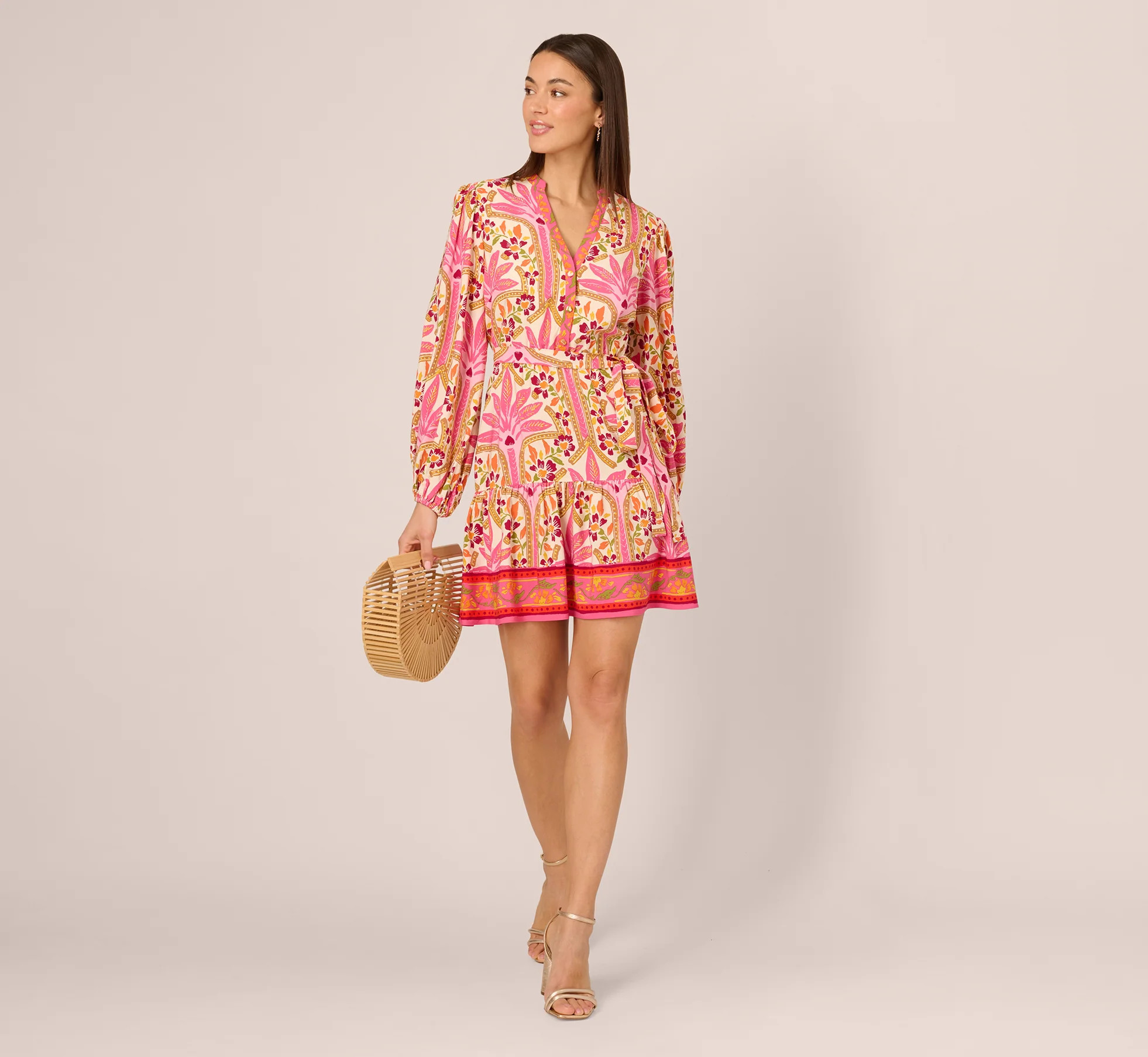 Long Sleeve Printed Short Flounce Dress In Pink Multi | Adrianna Papell
