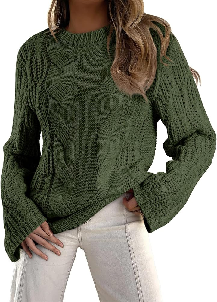 EVALESS Sweaters for Women 2024 Trendy Casual Crewneck Long Sleeve Cable Knit Pullover Sweaters T... | Amazon (US)