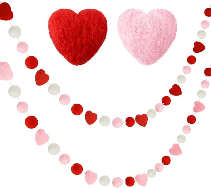 Boao 2 Pieces Valentines Day Felt Garlands Decorations Red Pink Heart Ball Garland Hanging Pom Po... | Amazon (US)