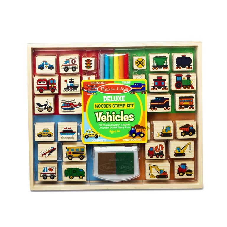 Melissa & Doug Deluxe Wooden Stamp and Coloring Set  Vehicles (30 Stamps, 6 Markers, 2 Durable 2-... | Walmart (US)