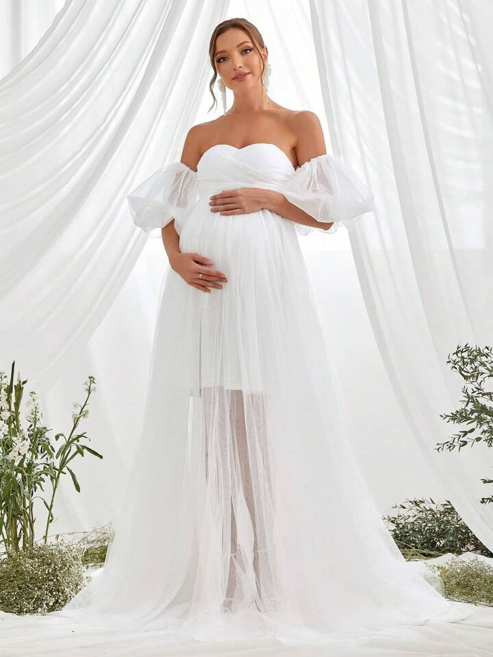 Maternity Off Shoulder Puff Sleeve Mesh Dress | SHEIN