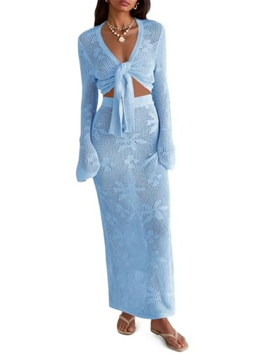 Saodimallsu Womens Crochet Swim Cover Up 2 Piece V Neck Long Sleeve Wrap Tie Crop Tops Beach Boho... | Amazon (US)