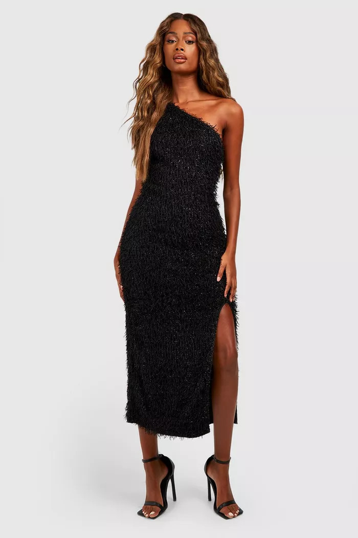 Fluffy One Shoulder Midi Dress | boohoo (US & Canada)