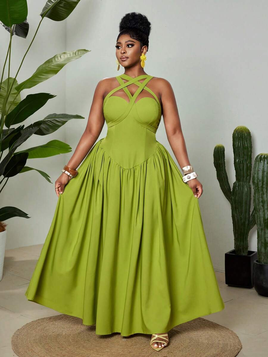 Maweii Plus Size Women's Elegant Sexy Spaghetti Strap Asymmetrical Neck Sleeveless Fitted Flowy D... | SHEIN