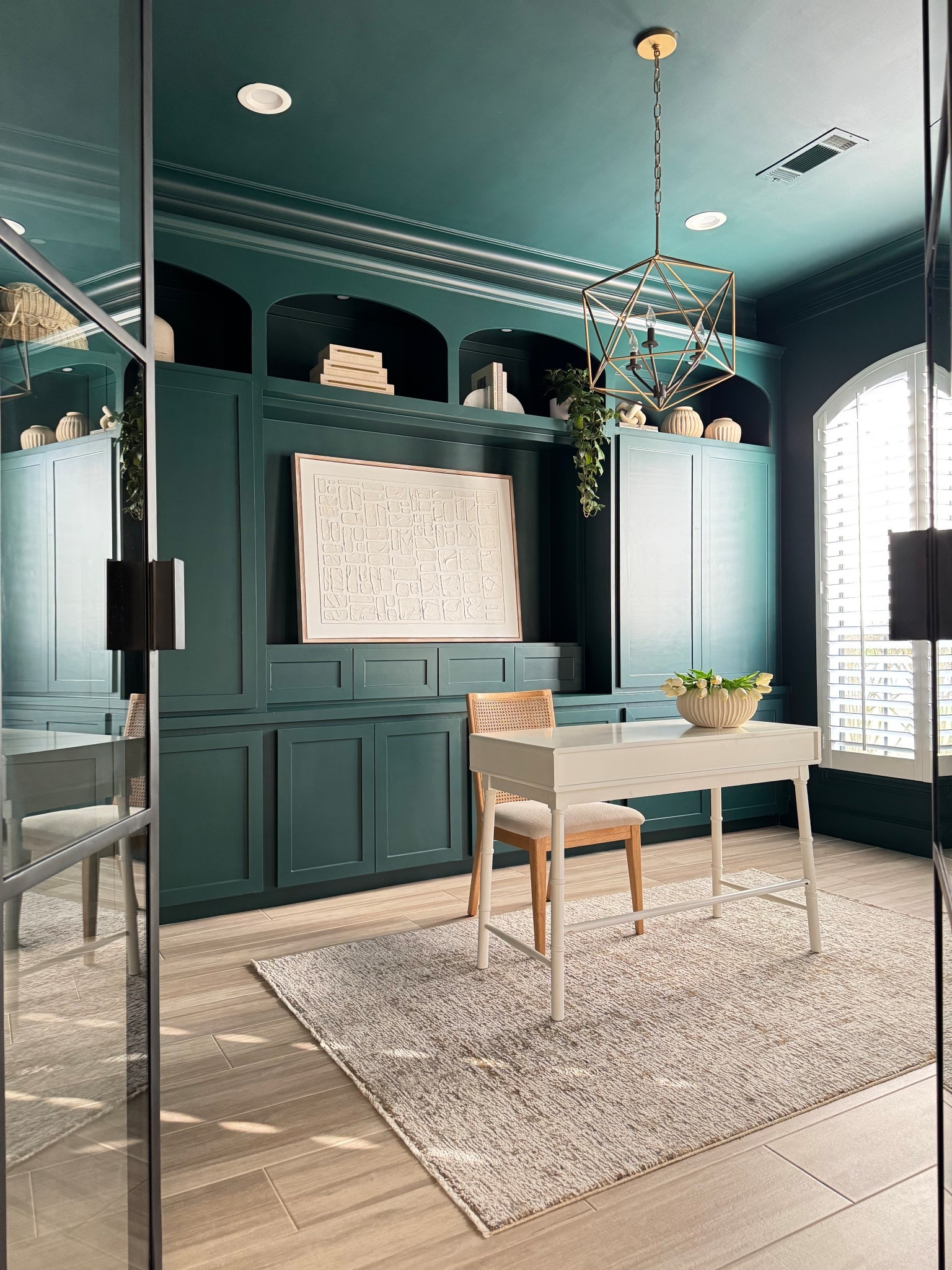 Home Office color drenched in Sherwin Williams Westhaven.  Just needs a new desk and chair, and she’s done! 

#LTKHome