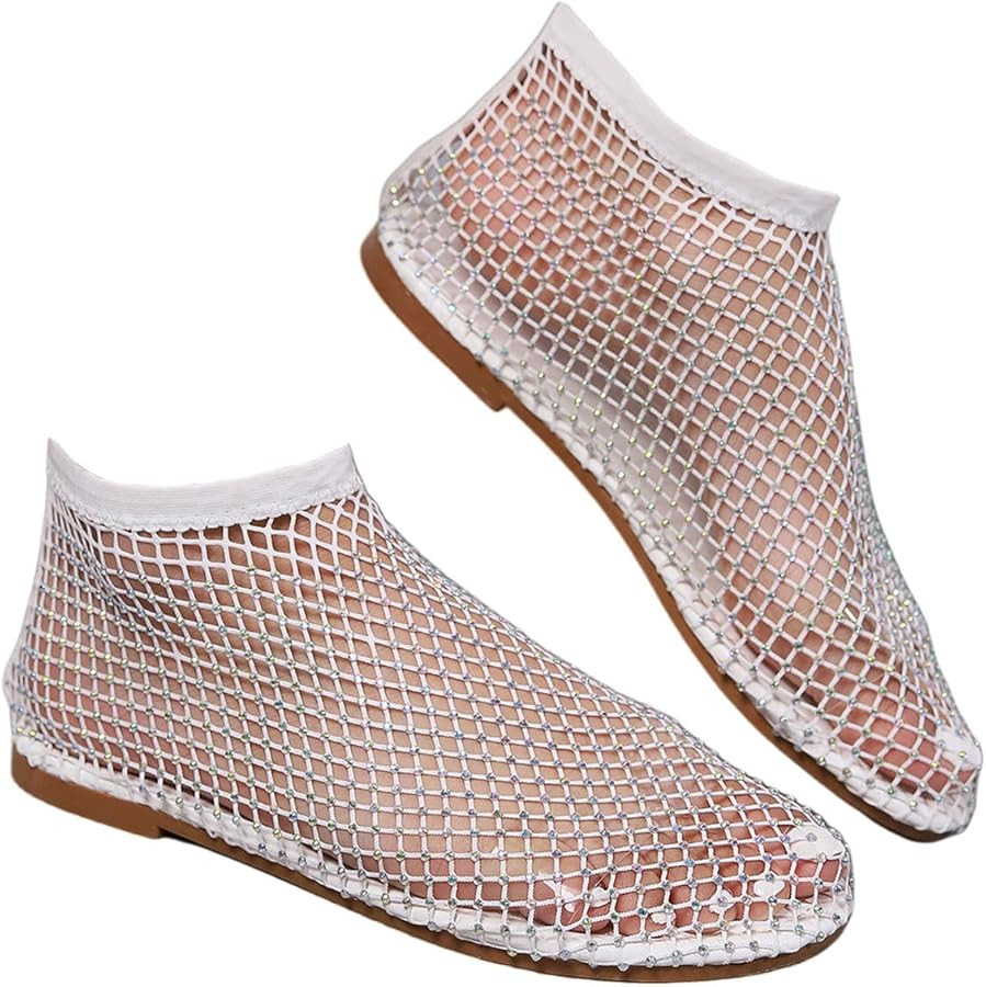 Ultra Comfortable Mesh Flats for Women Fishnet Sandals Low Heel Slip on Rhinestone Shoes | Amazon (US)