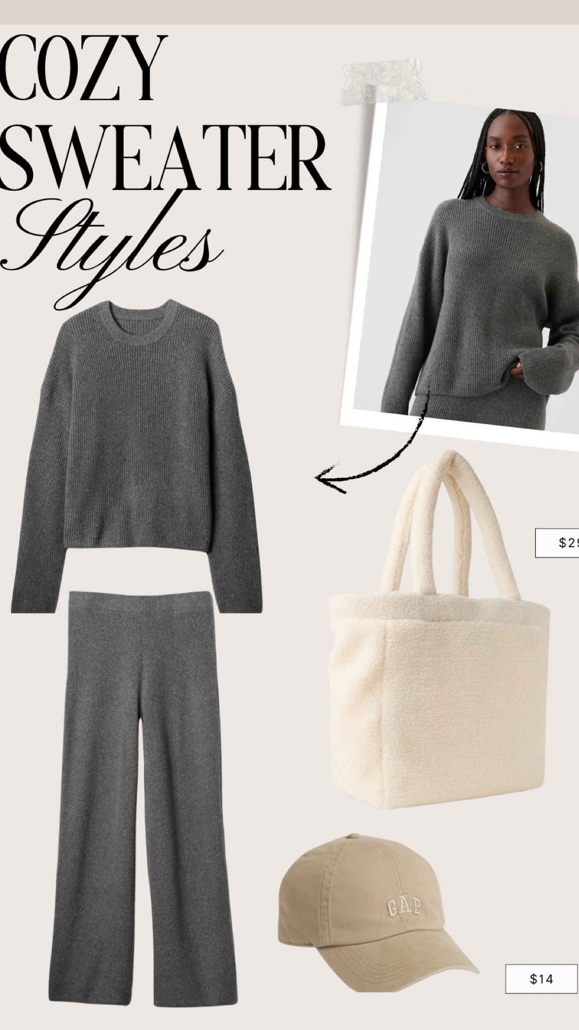 Gap cozy outfit 🤍

#gap #falloutfit #giftidea #sweater #sweaterset #totebag #giftsforher #cozyoutfit #loungewear #winteroutfit
#baseballcap

#LTKSaleAlert #LTKItBag #LTKSeasonal