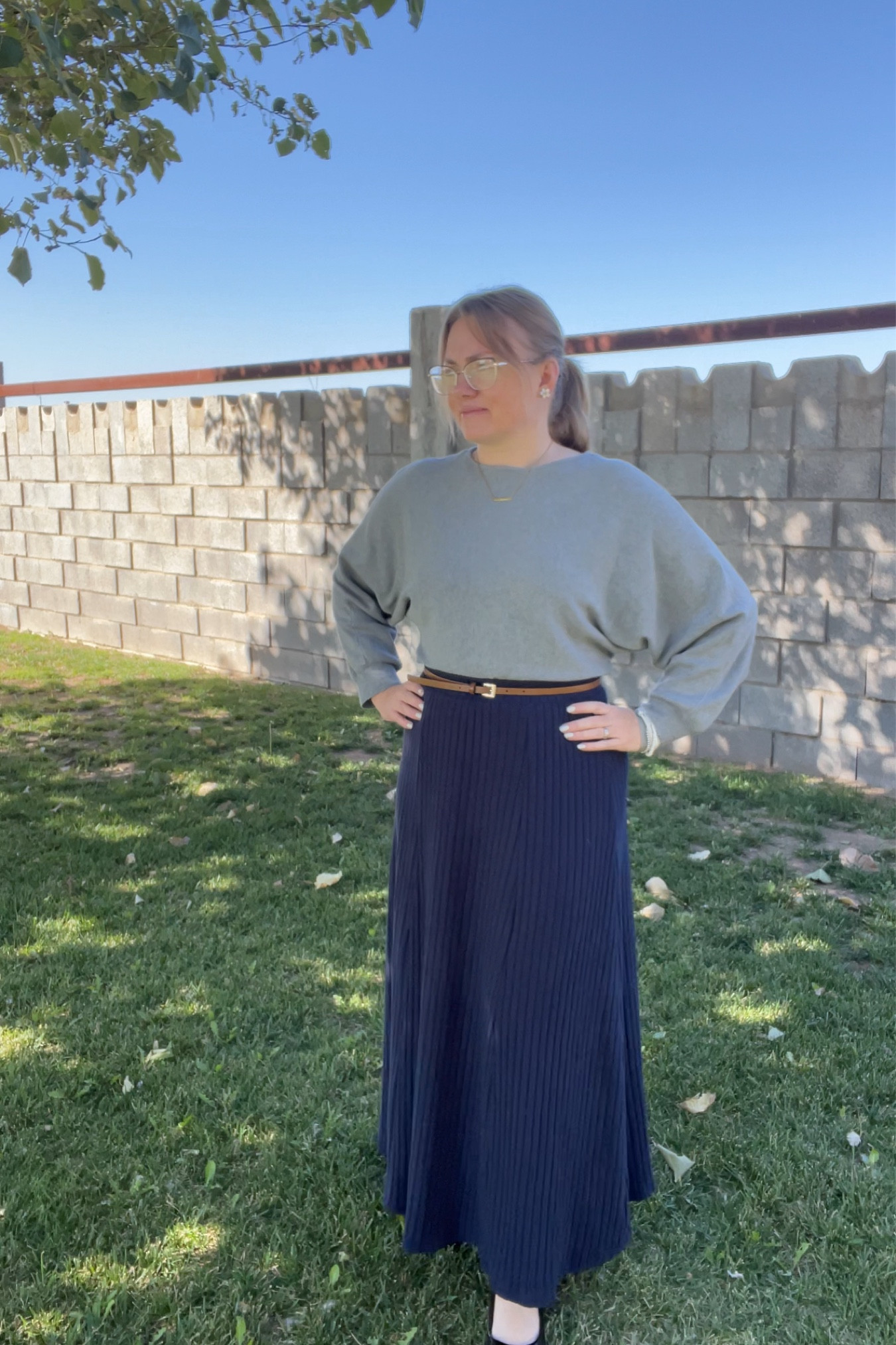 Casual, simple, modest and put together outfit. I face the day with confidence in this navy ribbed skirt and knitted sweater  with a few simple accessories  

#LTKFindsUnder50 #LTKMidsize #LTKOver40